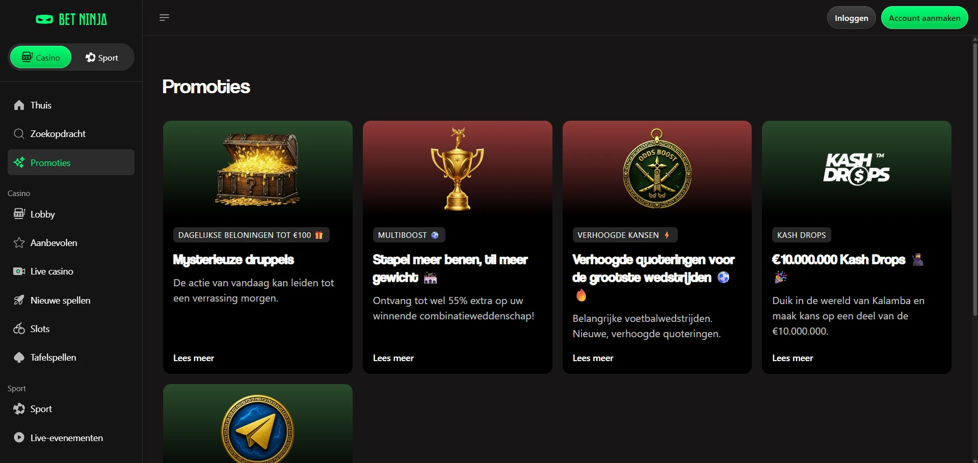 Overzicht met de lopende bonussen en promoties van Bet Ninja Casino.