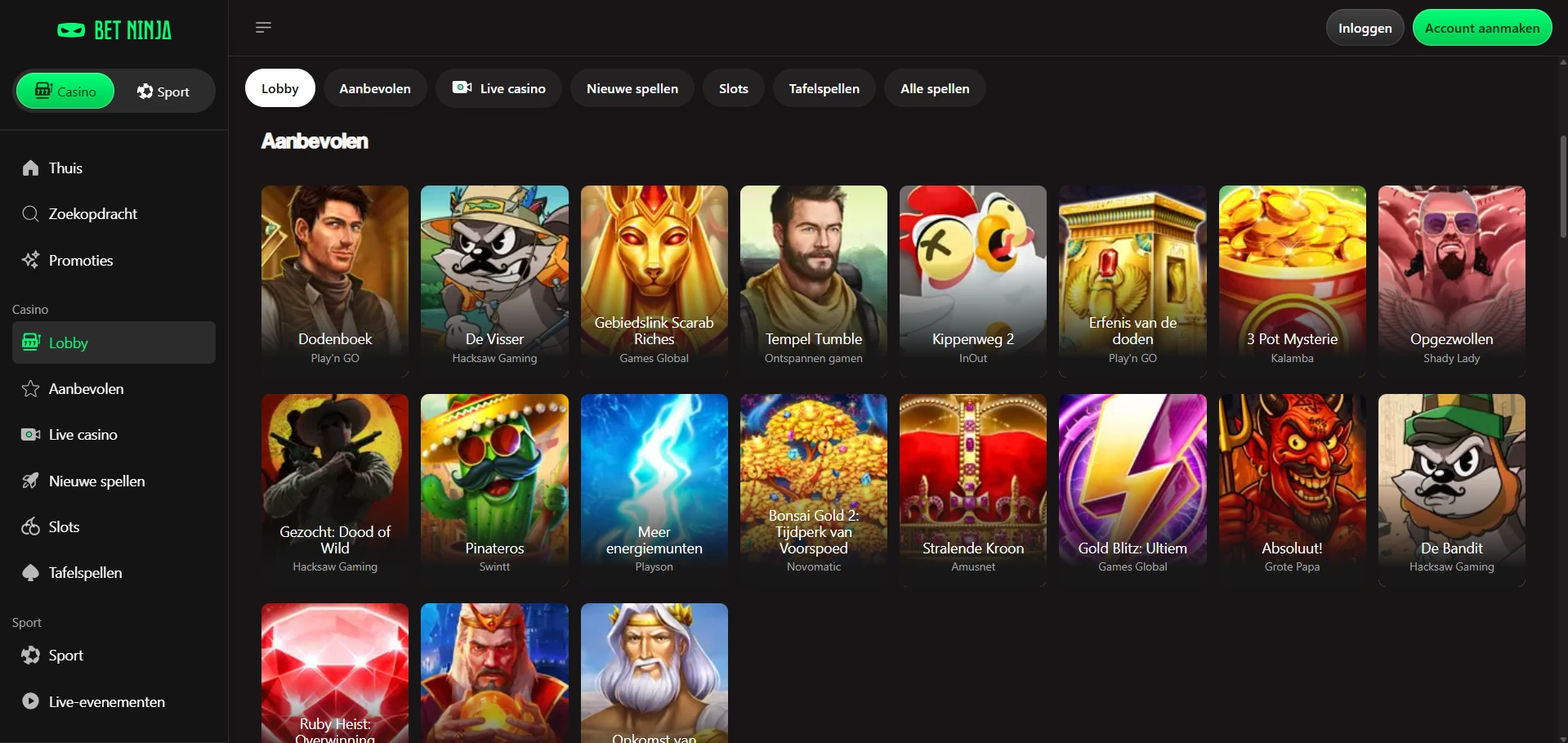Lobby van Bet Ninja Casino met filters op categorie en aanbieder.