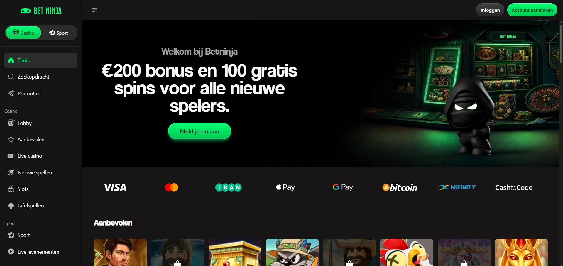 Startpagina van Bet Ninja Casino met de zoekbalk en de eerste rij gokkasten.