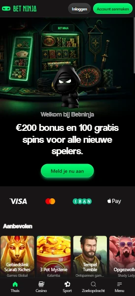 Bet Ninja Casino op een telefoonscherm met de lobby in één kolom.
