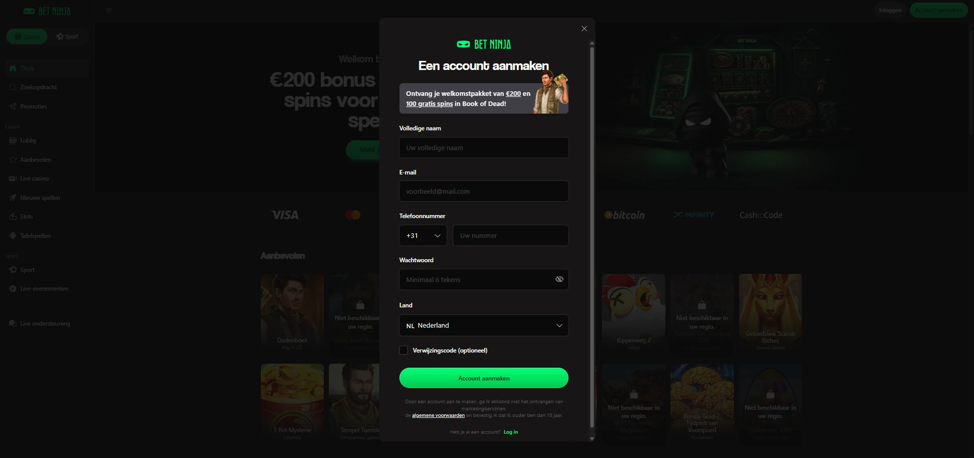 Registratieformulier van Bet Ninja Casino.
